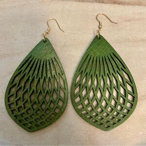 Green Wood Teardrop Earrings